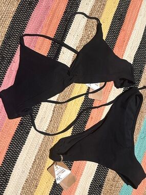 Black Ribbed Tie-Back Bikini Set - Women Swim Bikini